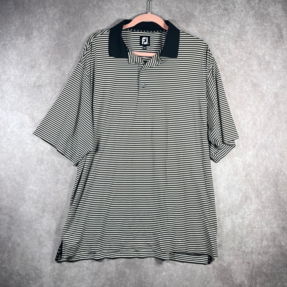 FootJoy Golf Polo Shirt Mens Large Black Cream Striped Short‎ Sleeve Outdoor